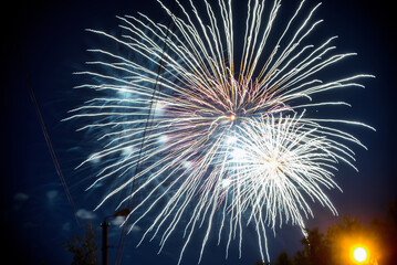 Colorful fireworks on background night sky. The explosions of salute from pyrotechnics at festival