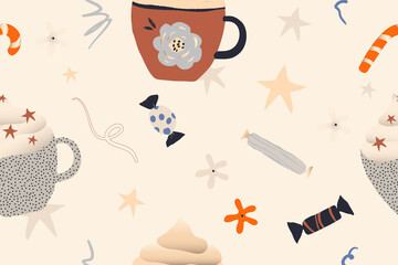 Hand drawn abstract Merry Christmas pattern with candies stars and cappuccino cup. Creative collage contemporary seamless pattern. 
