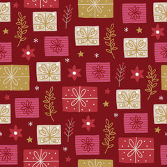 Christmas seamless pattern with gift boxes, flowers, leaves, snowflakes, berries