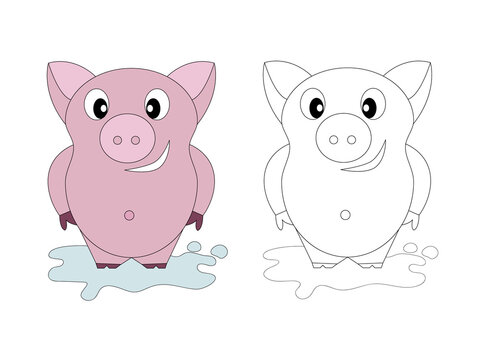 Page of coloring book for children. Cute piggy.  Hand painted animal sketches in a simple style. T-shirt print, label, patch or sticker. Vector illustration.
