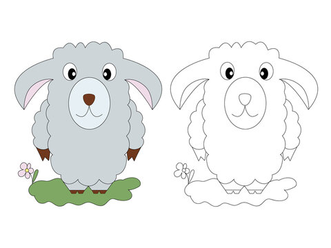 Page of coloring book for children. Cute curly sheep.  Hand painted animal sketches in a simple style. T-shirt print, label, patch or sticker. Vector illustration.
