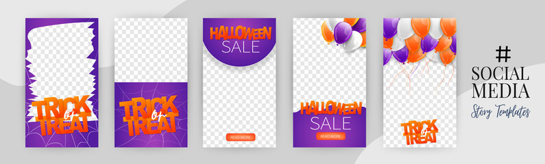 Halloween social media banners. Insta stories set, trick or treat concept. 31 october holiday party poster. Background with purple and orange balloons. Realistic vector illustration.