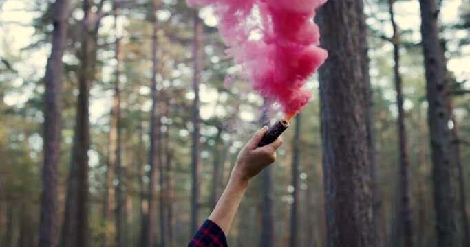woman's hand with red smoke grenade in forest. slow motion