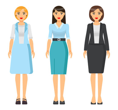 Set of vector chartoon characters. Dresscode of businesswoman. Woman wearing blue office suit, jacket and skirt. Girl wearing dress. Stylish business lady in blouse and skirt. Business person style