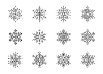 Christmas snowflakes collection isolated on white background. Cute hand drawn snow icons with intricate silhouette. Nice line doodle decorative element for New year banner, cards or ornament