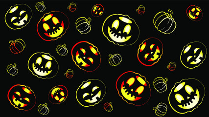 Vector graphics. The traditional Halloween character is a pumpkin. Glowing and funny pumpkins on a black background. Ideas for banners, flyers, invitations and other printed materials for Halloween.
