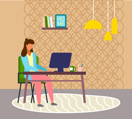 Stay at home and work remotely. Quarantine self-isolation at home. Prevention of covid-19 or coronavirus. Virus outbreak. Woman working with computer at distance work. Effectively organizing home time