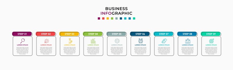 Vector infographic template with icons and 9 nine options or steps. Infographics for business concept. Can be used for presentations banner, workflow layout, process diagram, flow chart, info graph.