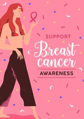 Obraz na płótnie Canvas Vertical poster for Breast cancer awareness month. Supportive placard about healthcare campaign. Flat vector cartoon illustration of template with woman and pink ribbon symbol