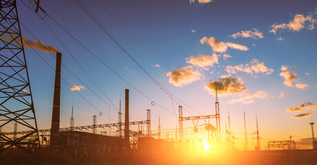 High-voltage power lines. Electricity distribution station. high voltage electric transmission...