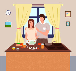 Woman cooking at kitchen. Female mixing salad in bowl. Man hugging wife. Woman preparing food at home. Windows with curtains at background. Happy family cooking meal, food together, flat style