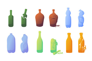 A set of glass and plastic bottles. Broken glass, crumpled plastic, waste recycling. Shattered empty bottles, isolated illustration.