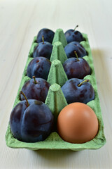 Blue plums and brown egg in an egg storage container.