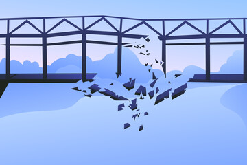 A large dark blue bridge against the backdrop of a gentle blue sky. Destruction of the canvas, collapse of the bridge structure. Falling parts and fittings, danger.