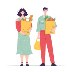 Happy man and woman stand in full height and hold paper bags with food. Shopping in supermarket flat cartoon vector isolated illustration on white background