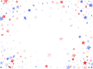 Flying red blue white star sparkles on white vector american patriotic background.