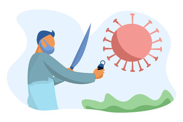 illustration of a man fighting a virus. flat illustration design about covid-19 and new normal. 