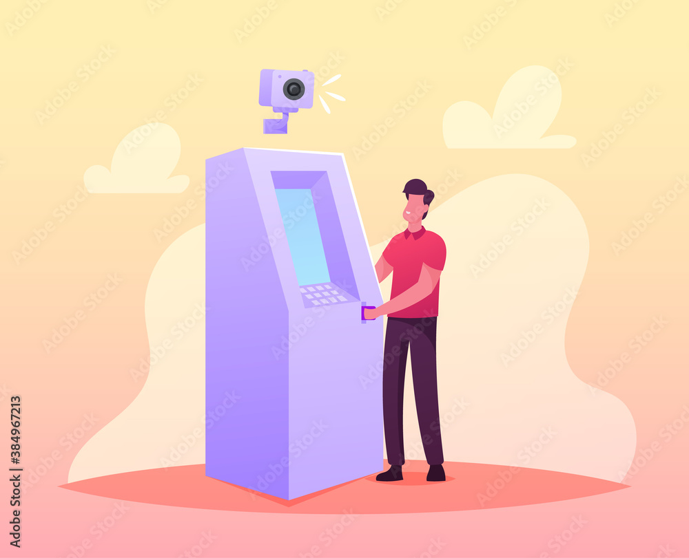 Aufkleber man insert card in automated teller machine equipped with cctv camera for face detection, male chara