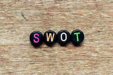 Black bead with color letter in word swot (abbreviation of strength, weakness, opportunities,...