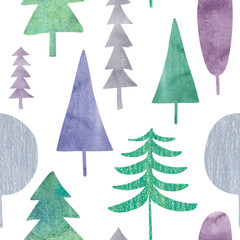 Seamless pattern with watercolor winter forest.