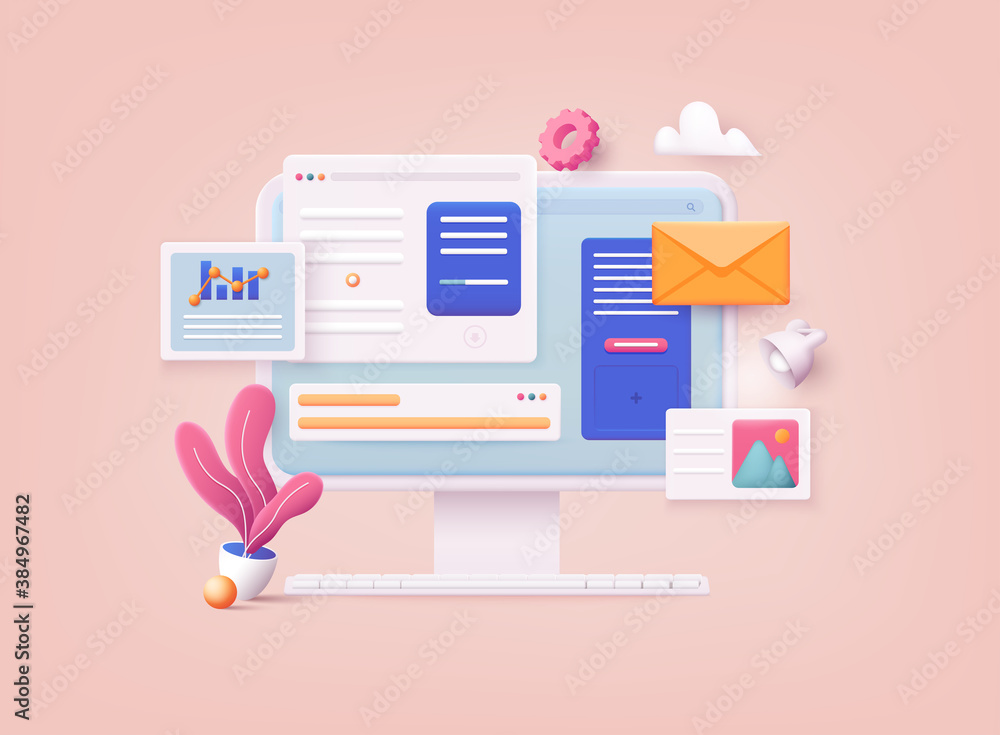 Poster 3d web vector illustrations. computer with open pages. landing page template for web.