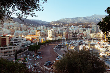 Fototapeta na wymiar Monaco panorama. Quartier du Port (Neighborhood of Harbor ) in golden hour. La Condamine.