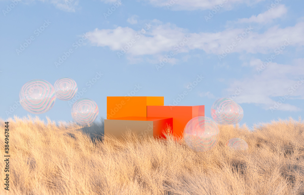Poster abstract autumn landscape scene with group of podium background. 3d render.