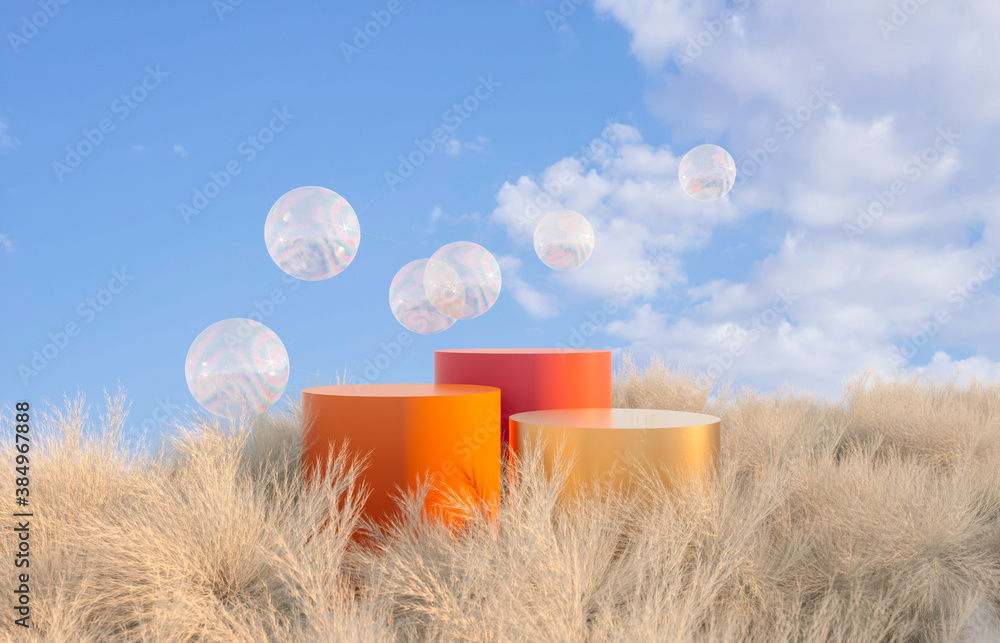 Aufkleber Abstract Autumn landscape scene with group of podium background. 3d render.