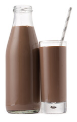 Glass bottle of chocolate milk isolated on white