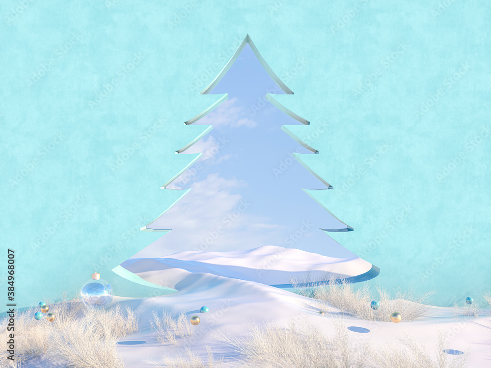 Poster Empty Winter Christmas scene with Christmas tree shape frame. 3d render.