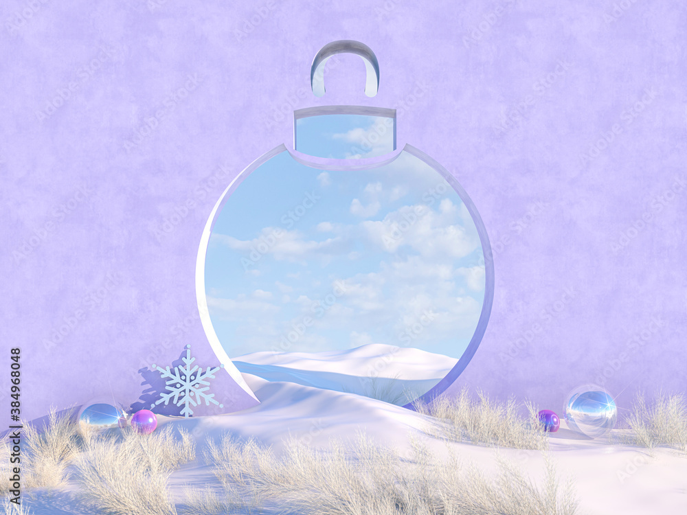 Poster Empty Winter Christmas scene with Snowball shape frame. 3d render.