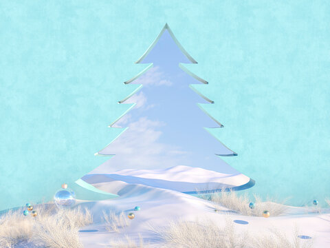 Empty Winter Christmas scene with Christmas tree shape frame. 3d render.