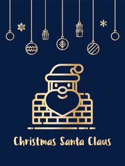 Christms Santa claus in chimney icon with christmas ornament elements hanging background.