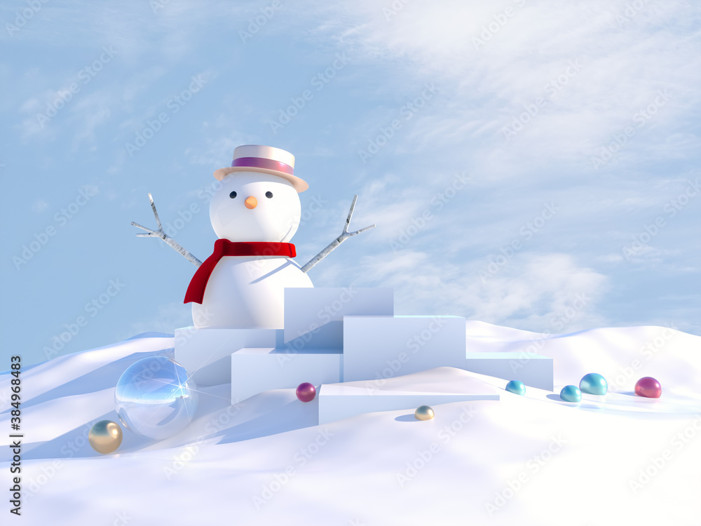 Aufkleber winter christmas scene with white podium and snow man for product display. 3d render.
