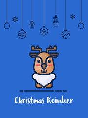 Christmas reindeer icon with christmas ornament elements hanging background.