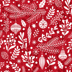 Seamless Christmas red and white pattern with hand drawn decoration elements. Perfect for backgrounds, wrapping paper, scrapbooking, decor for  greeting cards, invitations, etc.