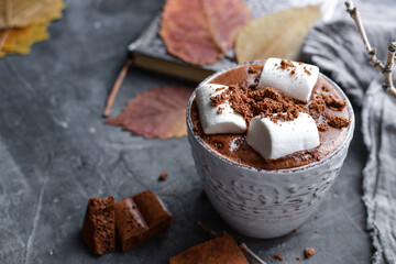 Hot chocolate and marshmallows. Hot Cocoa in a white cup. Dark background. Autumn drink concept. Copy space.