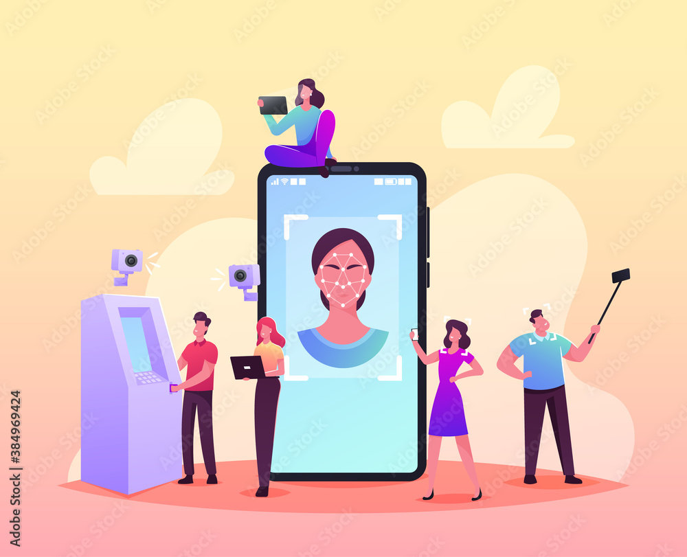 Aufkleber face detection, facial recognition technology concept. tiny characters scanning face id on smartphon