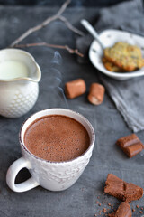 Hot chocolate and marshmallows. Hot Cocoa in a white cup. Dark background. Autumn drink concept. Copy space. Steam from a cup. Horizontal view