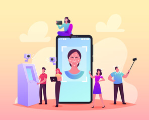 Face Detection, Facial Recognition Technology Concept. Tiny Characters Scanning Face Id on Smartphone, Identification
