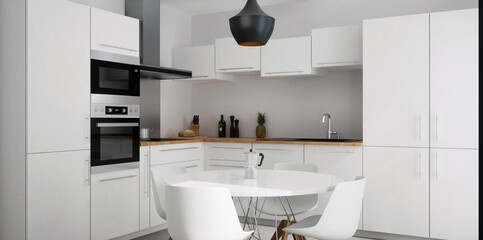 cuisine blanche et table ronde vue 3d 01