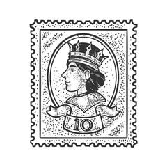 Postage stamp and queen sketch raster illustration