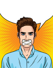 Colored vector illustration in pop art style isolated on halftone dots background. Young handsome guy of European style with a sealed mouth. The man cannot speak