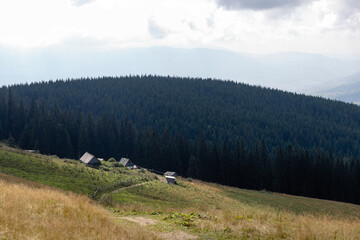 Summer landscape in mountains and the dark blue sky with clouds. Landscape from Bucegi Mountains, part of Southern Carpathians in Romania in a very foggy day