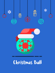 Christmas ball with santa hat icon with christmas ornament elements hanging background.