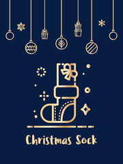 Christmas gift box in sock icon with christmas ornament elements hanging background.