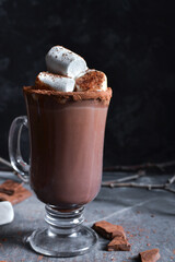 Hot chocolate and marshmallows. Cocoa in a glass goblet, cup. Dark background. Horizontal view