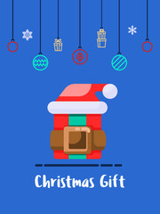 Christmas gift box with santa hat icon with christmas ornament elements hanging background.