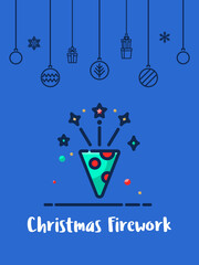 Christmas firework celebration icon with christmas ornament elements hanging background.