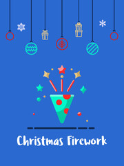 Christmas firework celebration icon with christmas ornament elements hanging background.